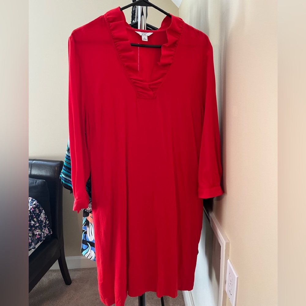 Crown & Ivy Tomato Red Dress with Ruffle Neck Sz L